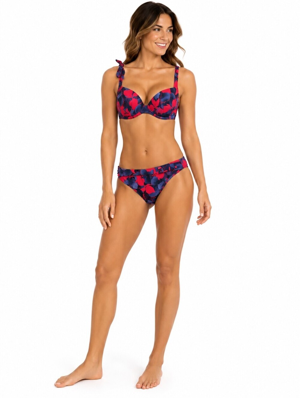 Aubade Women’s Floral Underwire Bikini Set Navy Pink Top 34E Bottom Medium EUC